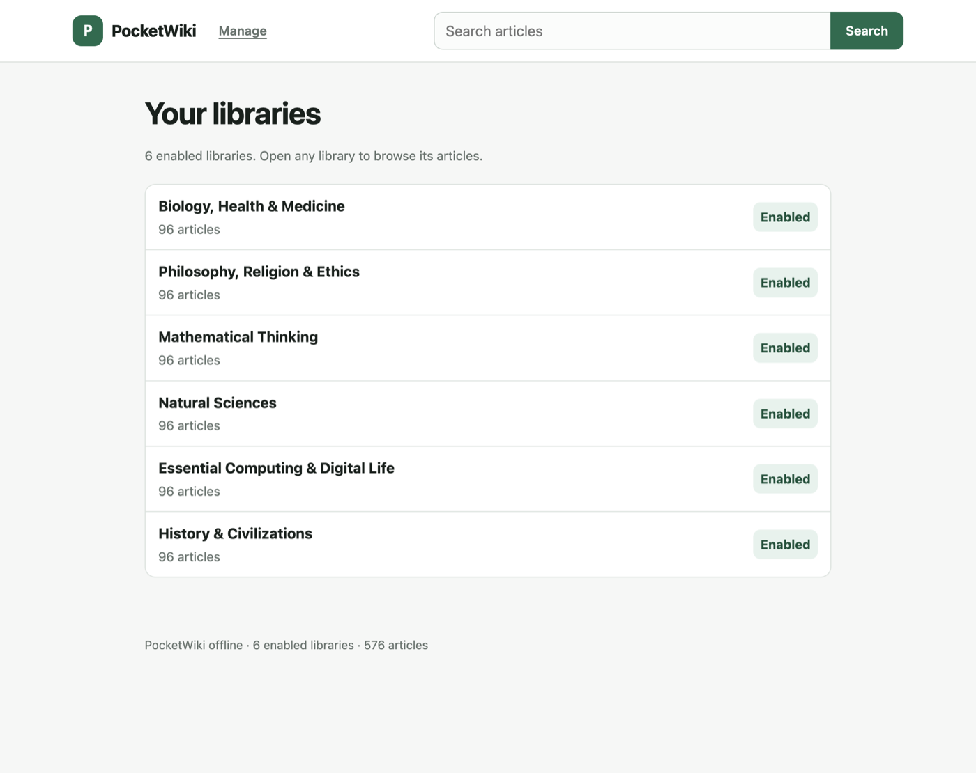 PocketWiki serving six installed libraries to a browser