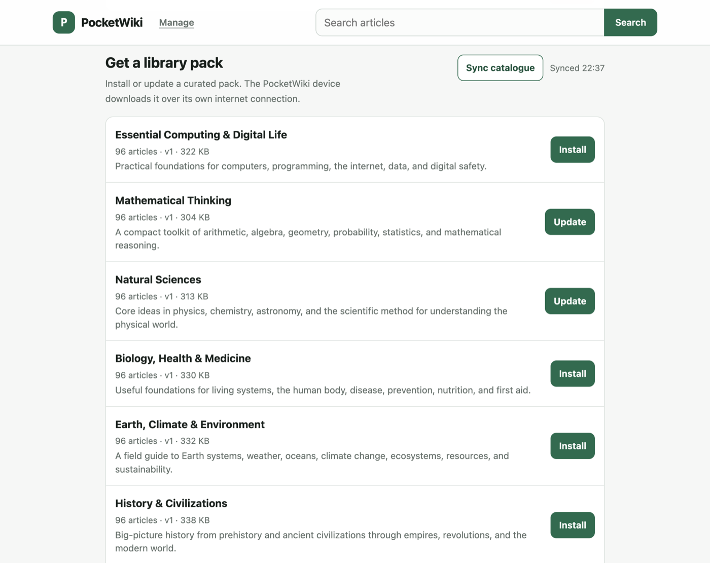 Managing installed packs and installs from the device’s own page
